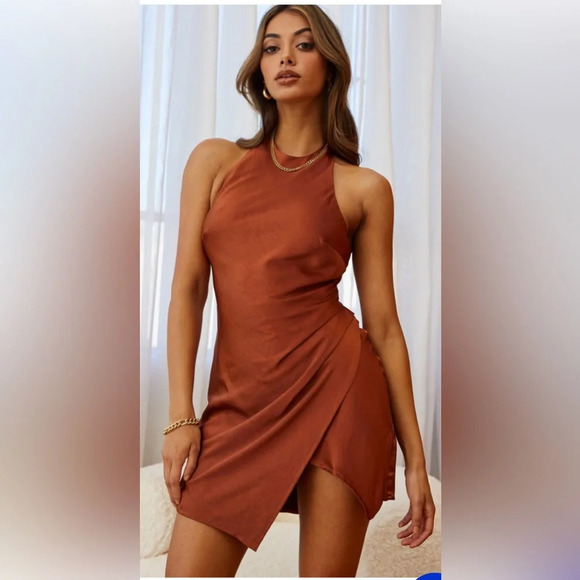 Angel Biba Dresses & Skirts - Women’s Angel Biba halter neck faux wrap dress with twist back in bronze size L